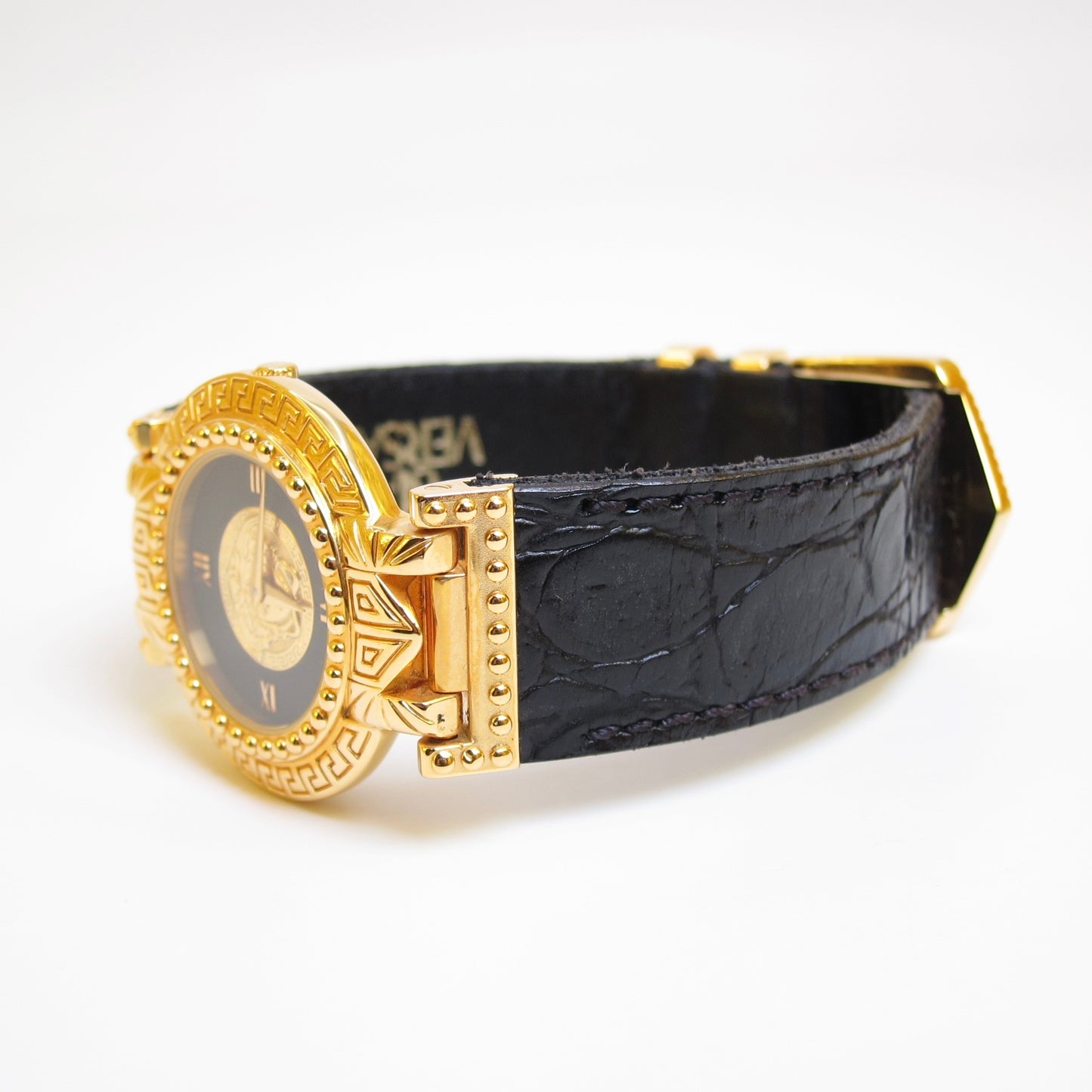 Versace Vintage Round Black Face with Medusa Coin and Leather Strap Golden Watch