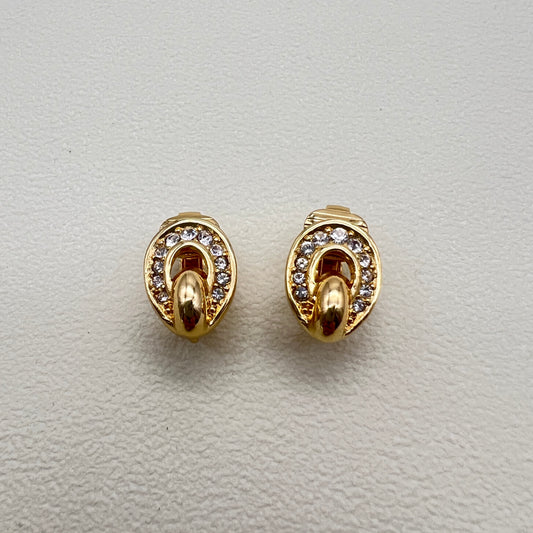 Christian Dior Vintage Oval Shape and Rhinestone Golden Clip-on Earrings
