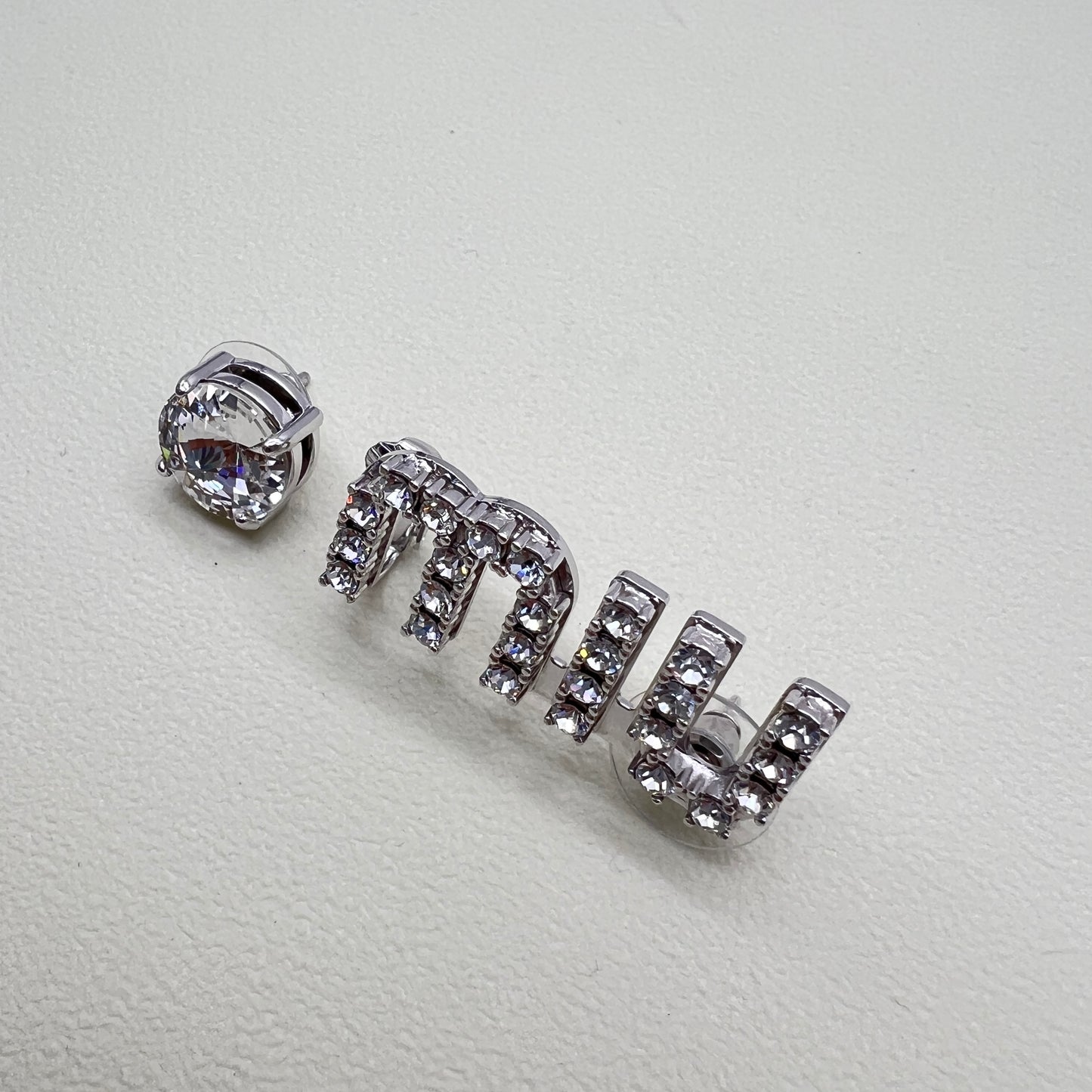 Miu Miu Vintage Miu Logo with Rhinestone Silver Earrings