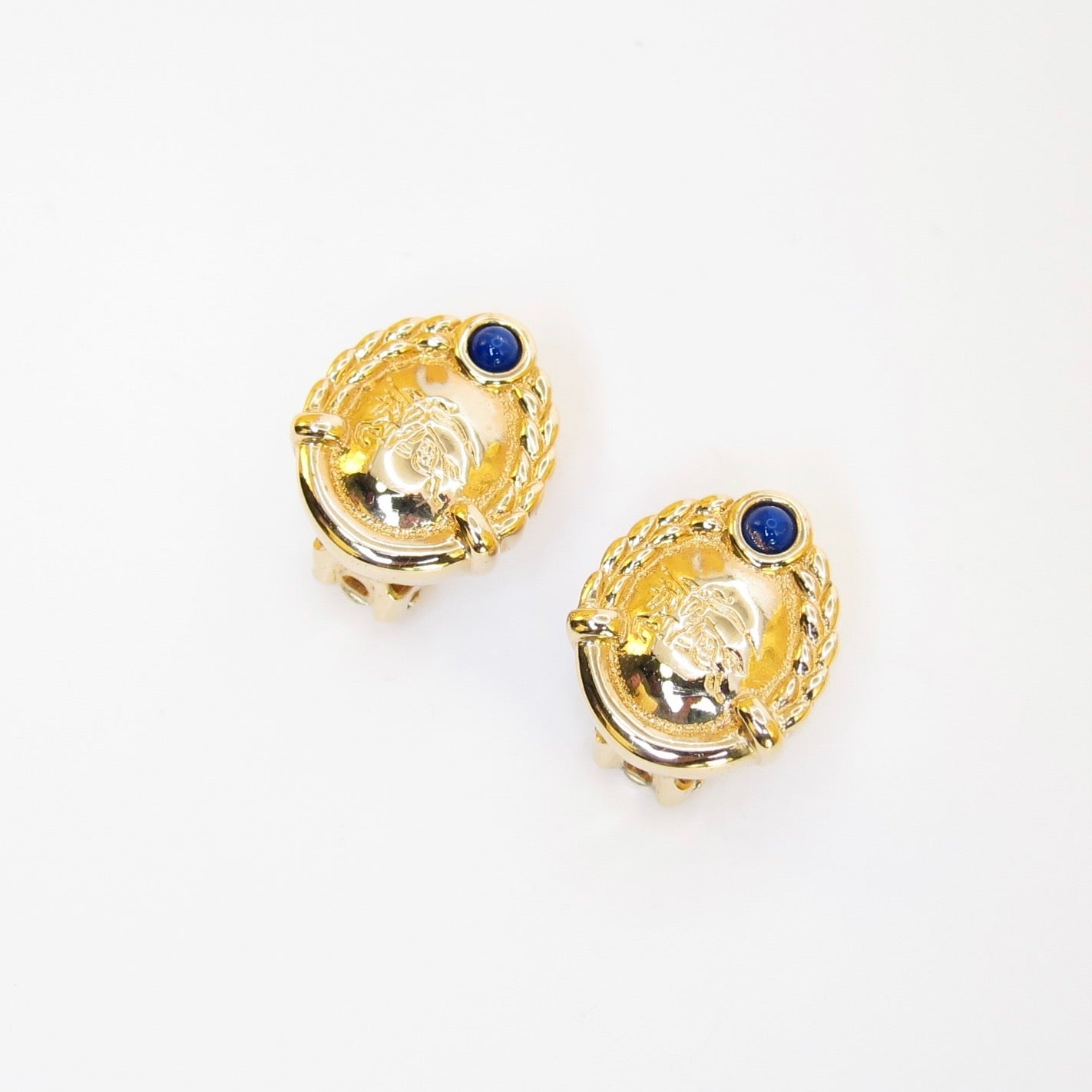 Burberry Vintage Equestrian Knight Logo and Blue Stone Golden Clip-on Earrings
