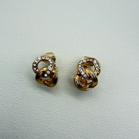 Christian Dior Vintage Chain Link With Rhinestone Golden Clip-on Earrings