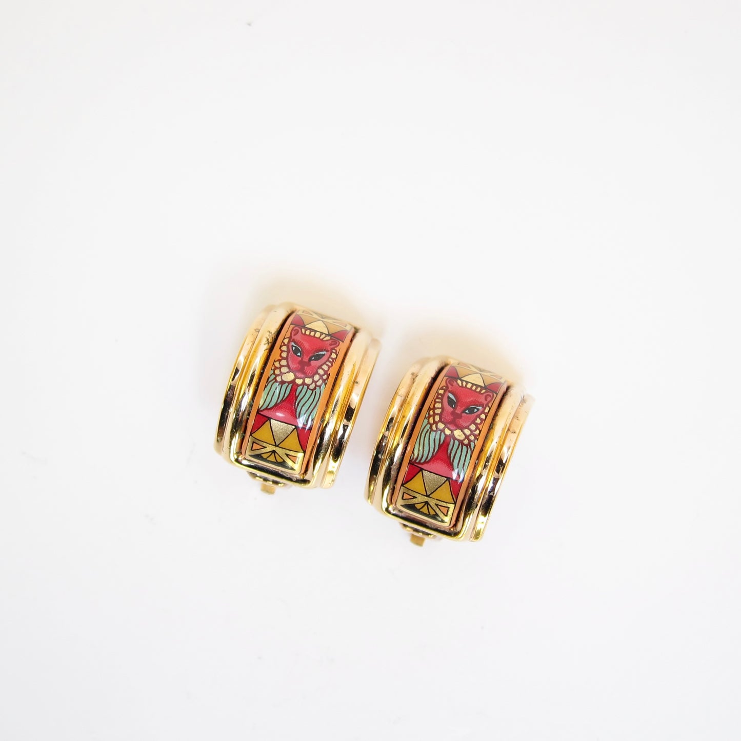 Hermes Vintage Lion Enamelled Golden Clip-on Earrings