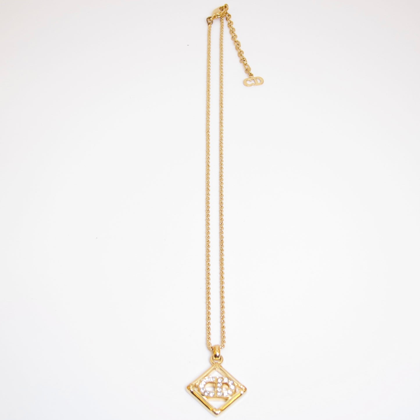 Christian Dior Vintage CD Logo with Rhinestone in Rhombus Golden Necklace