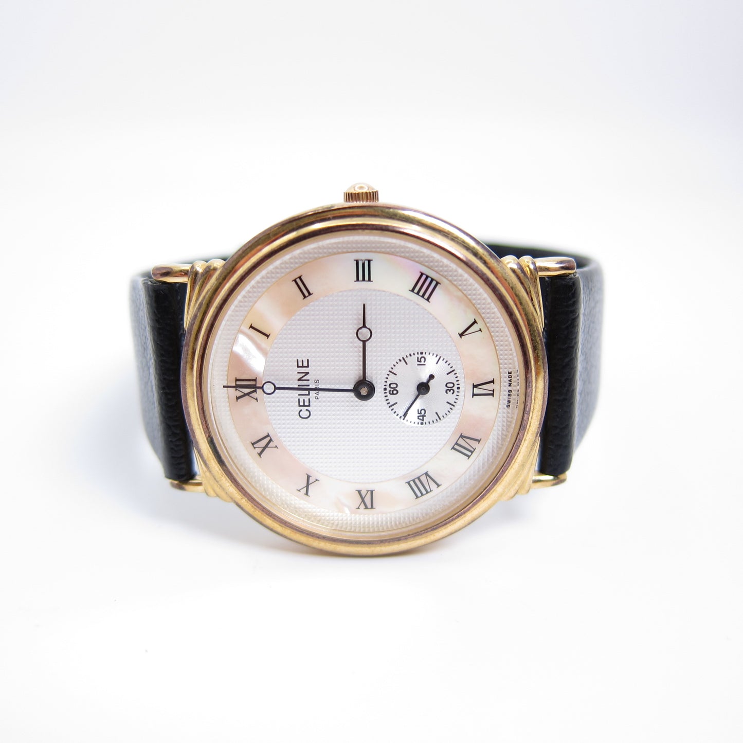 Celine Vintage Round White and Shell Pearl Face with Black Leather Strap Watch