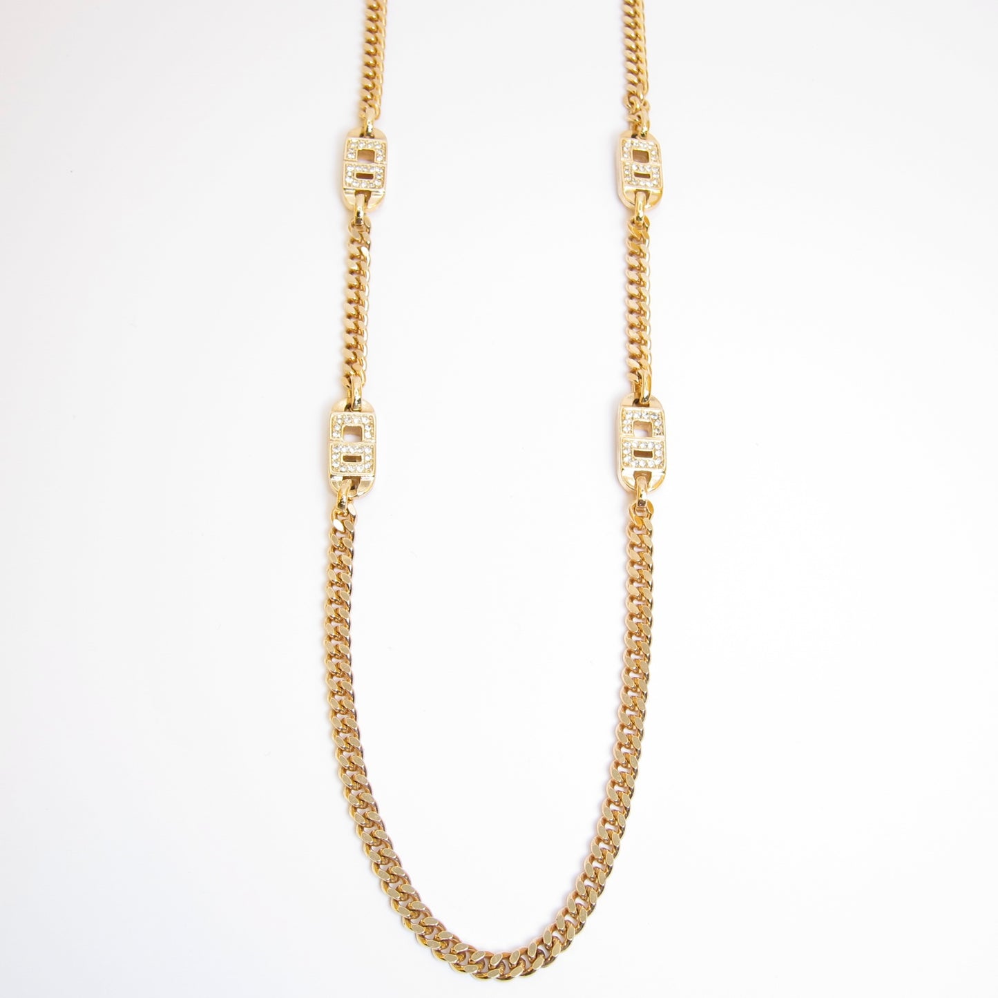 Christian Dior Vintage CD Logo with Rhinestone Golden Long Necklace