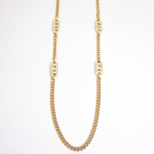 Christian Dior Vintage CD Logo with Rhinestone Golden Long Necklace