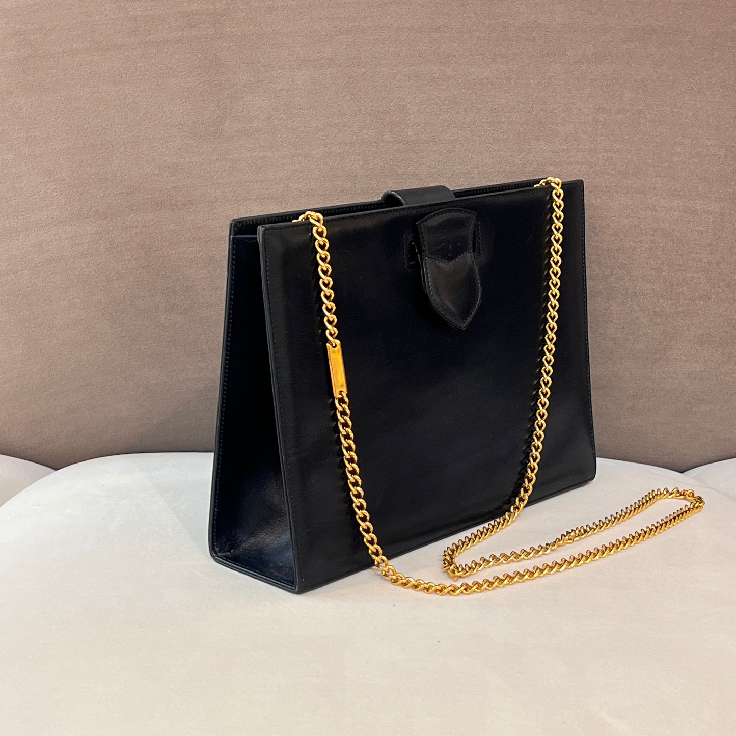 Ferragamo Vintage Black Leather Gold Chain Shoulder Bag