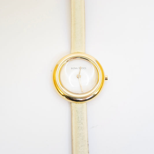 Nina Ricci Vintage Round White Face Golden Watch with Ivory Leather Strap