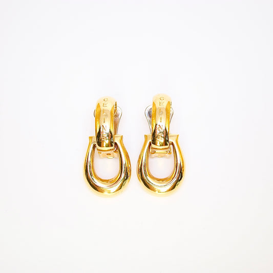 Celine Vintage Celine Logo 2-way Usage Golden Clip-on Earrings