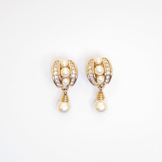 Christian Dior Vintage Pearl and Rhinestone Golden Clip-on Earrings