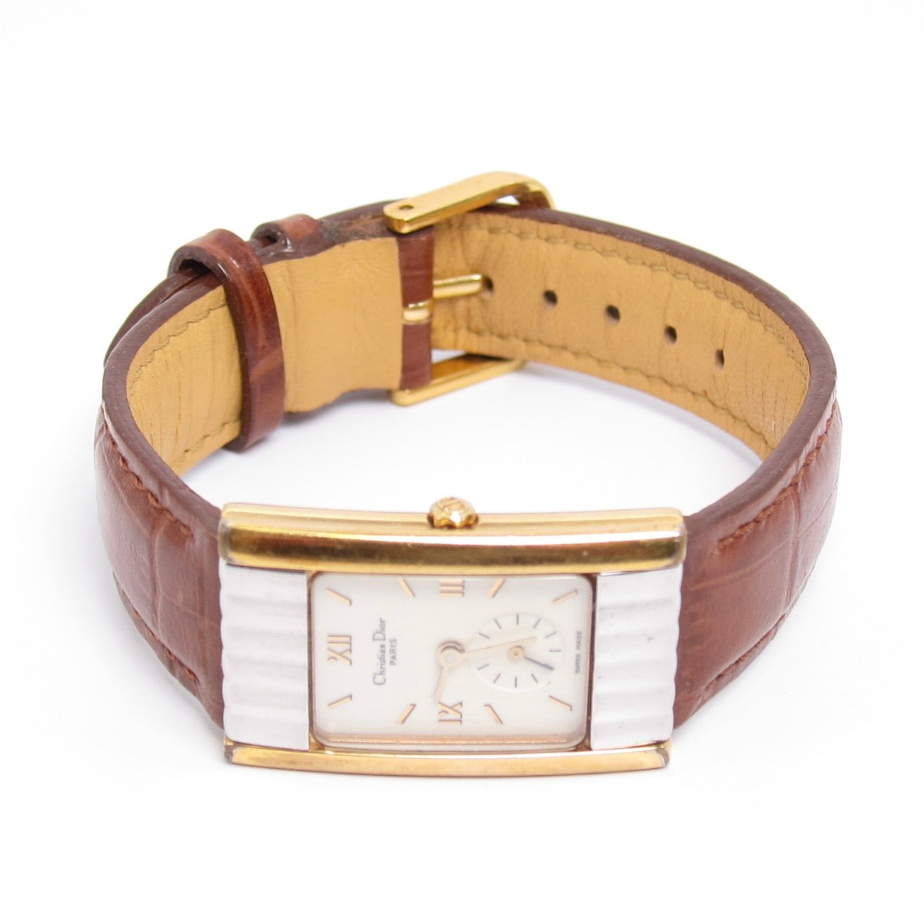 Christian Dior Vintage Tank Rectangle White Face with Leather Strap Two Tone Watch