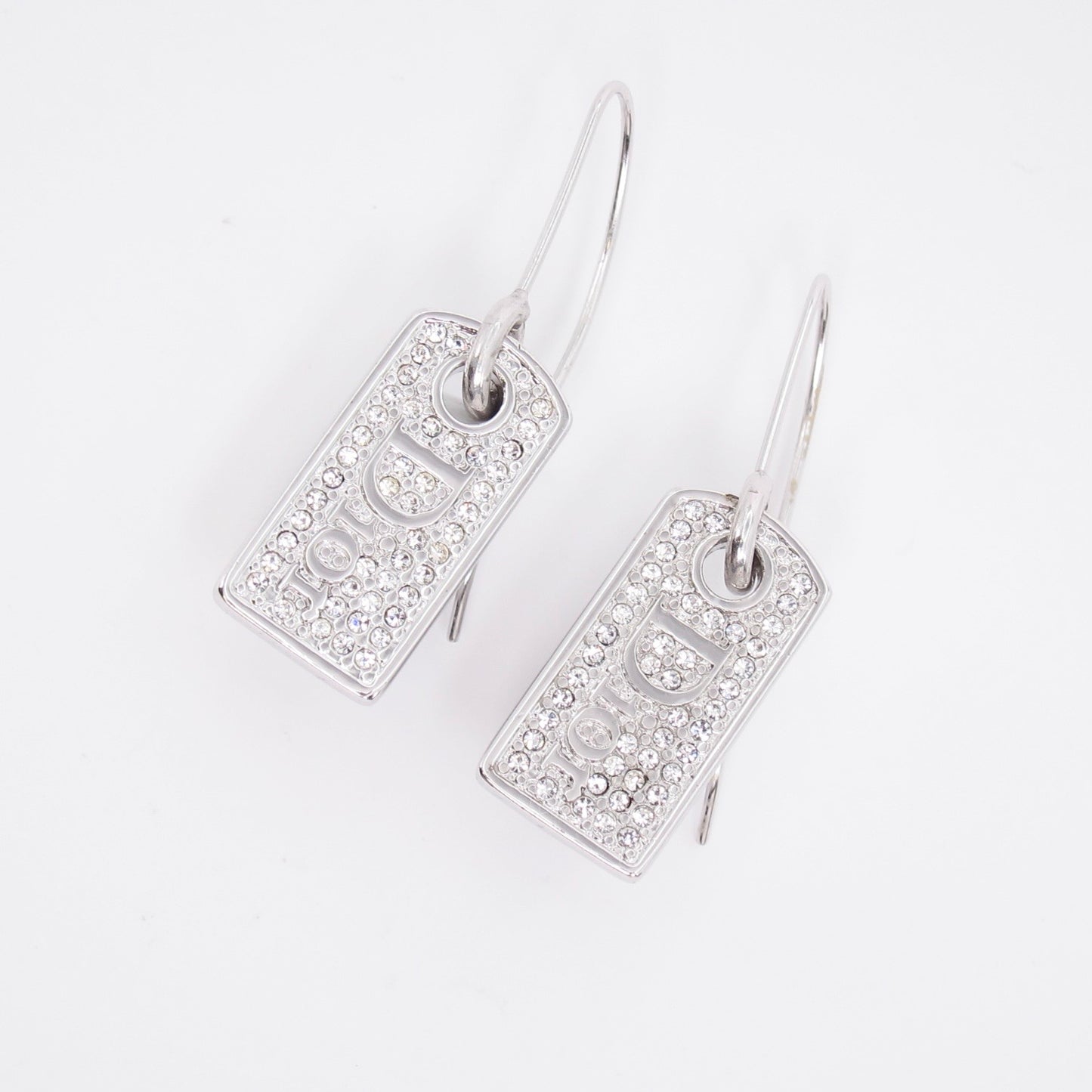 Christian Dior Vintage Dior Logo and Rhinestone Silver Tag Earrings