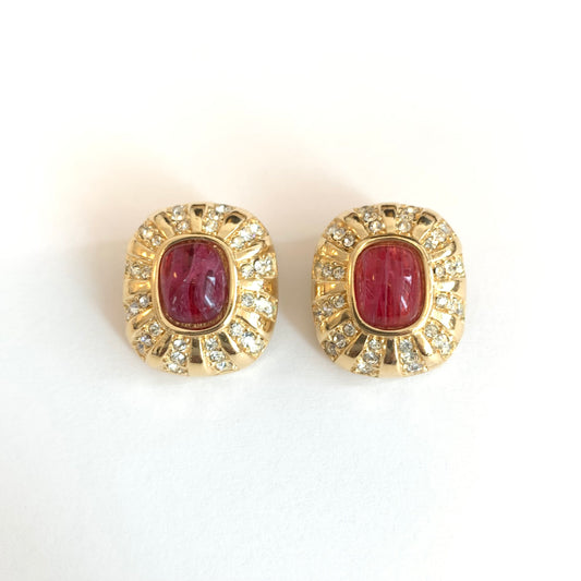 Christian Dior Vintage Red Stone and Rhinestone Golden Clip-on Earrings