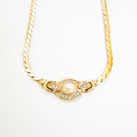 Christian Dior Vintage Oval Shape Pearl and Rhinestone Golden Necklace