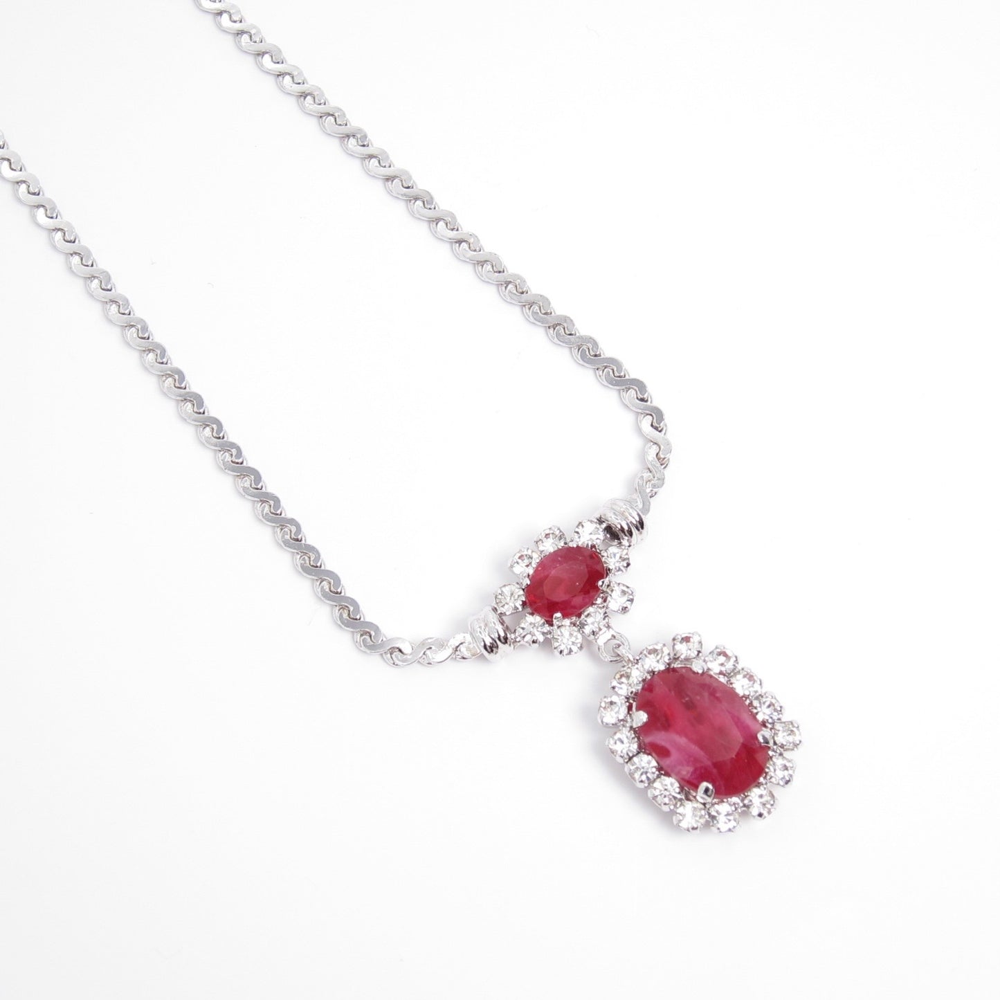 Christian Dior Vintage Red Color Stone and Rhinestone Drop Silver Necklace