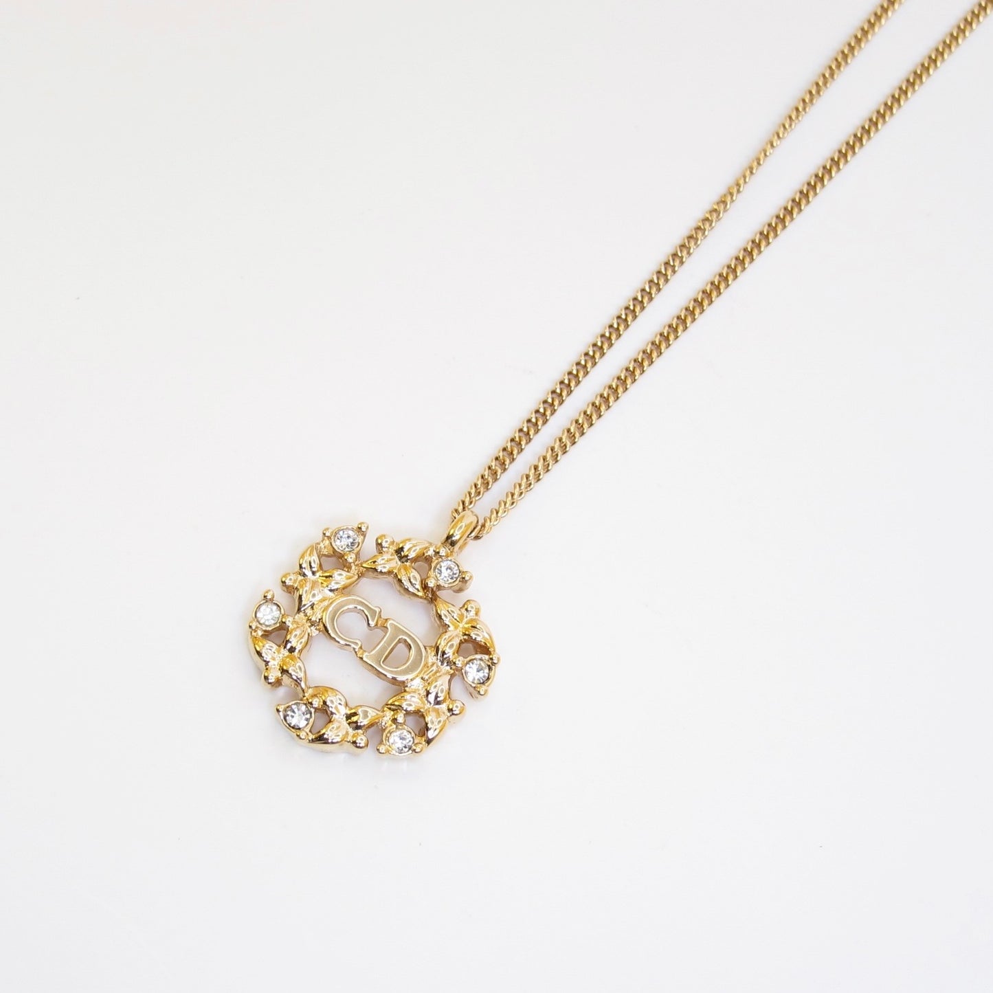 Christian Dior Vintage CD Logo in Flower Wreath Golden Necklace