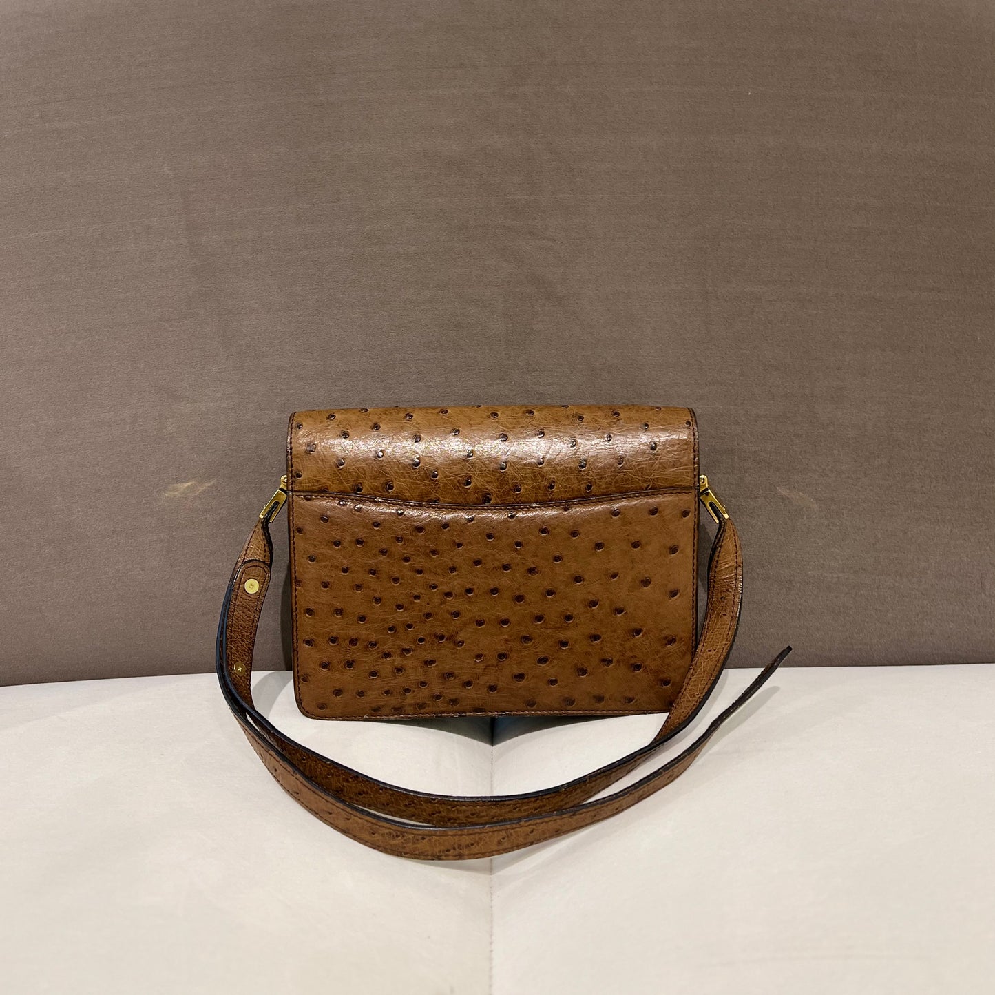 Celine Vintage Brown Ostrich Leather With Golden Push Lock Shoulder Bag