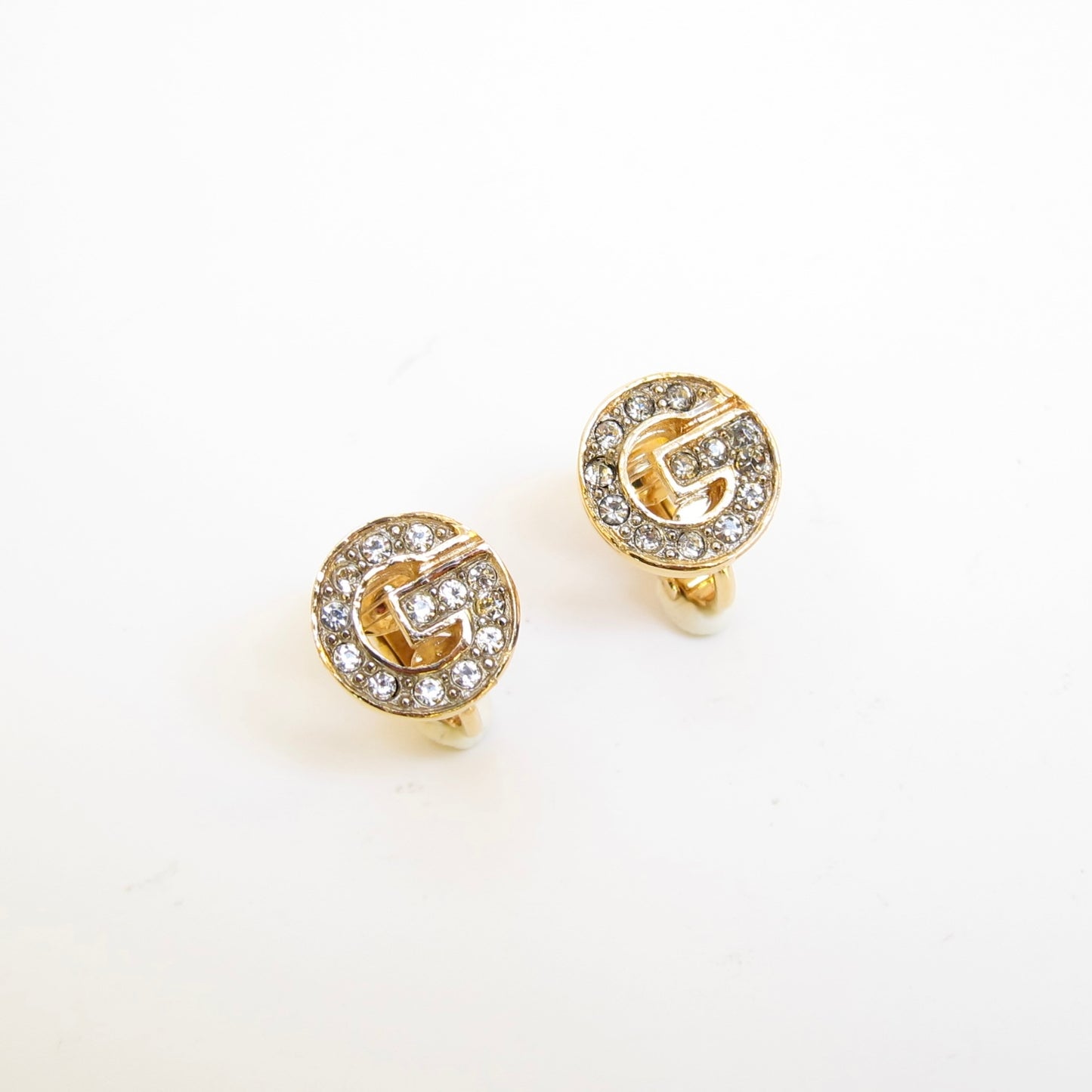 Givenchy Vintage G Logo with Rhinestone Golden Clip-on Earrings