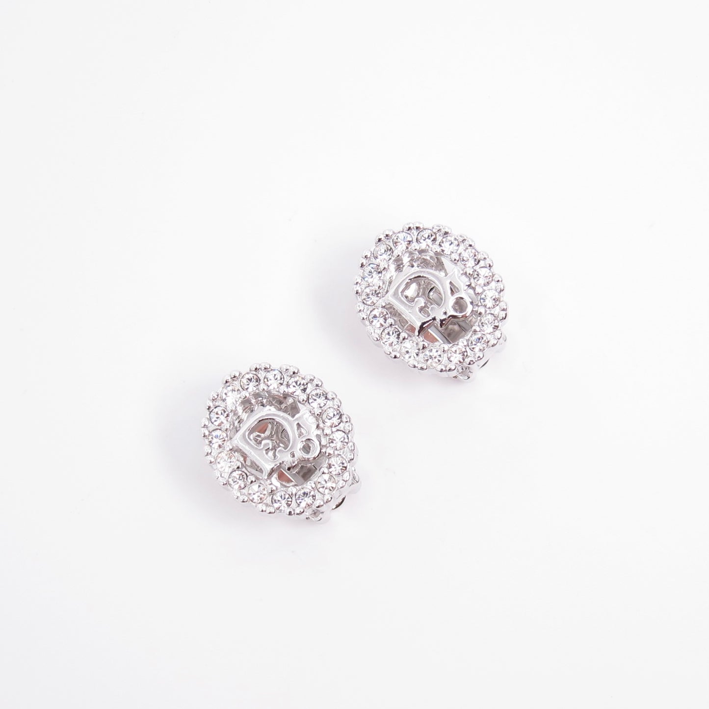Christian Dior Vintage Dior Logo in Oval Shape with Rhinestone Silver Clip-on Earrings