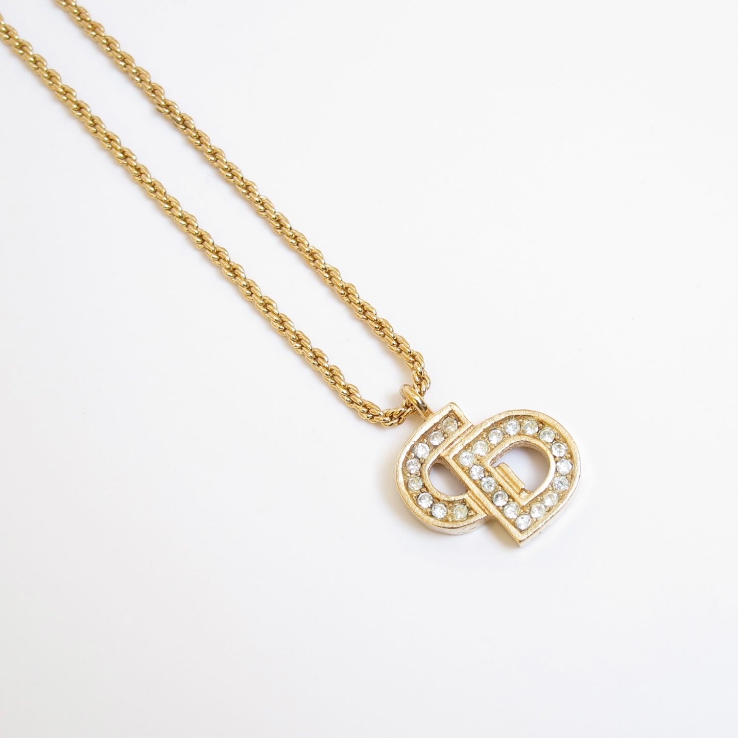 Christian Dior Vintage CD Logo with Rhinestone Golden Necklace