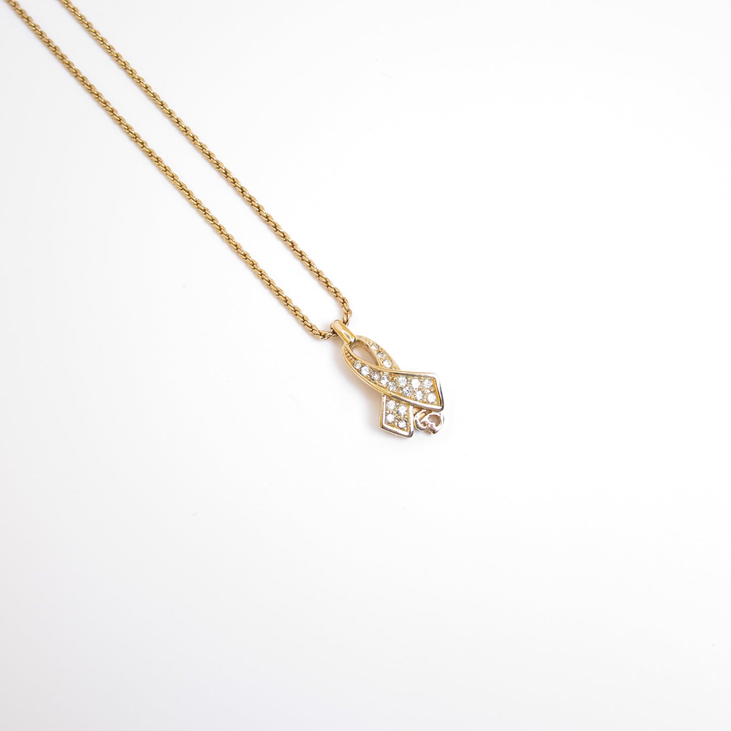 Christian Dior Vintage CD Logo Ribbon with Rhinestone Golden Necklace