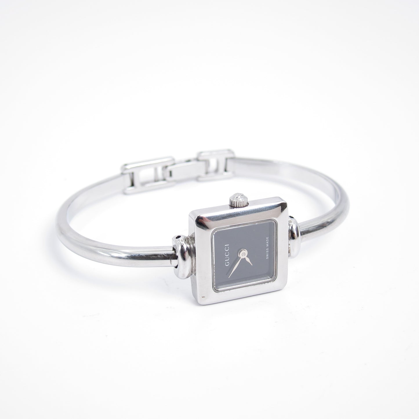 Gucci 復古方形黑色錶盤銀色手鐲腕錶