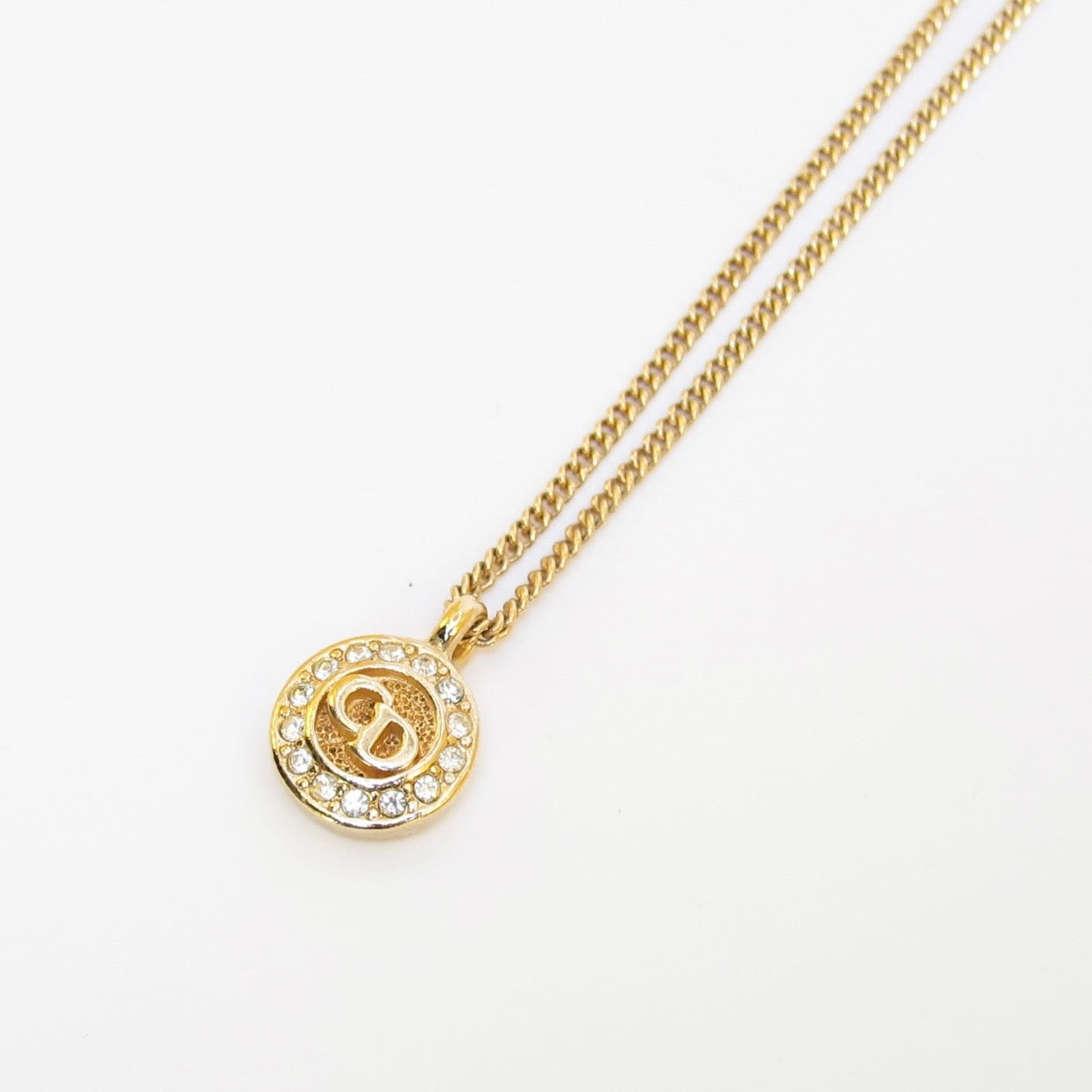 Christian Dior Vintage CD Logo in Circle with Rhinestone Golden Necklace