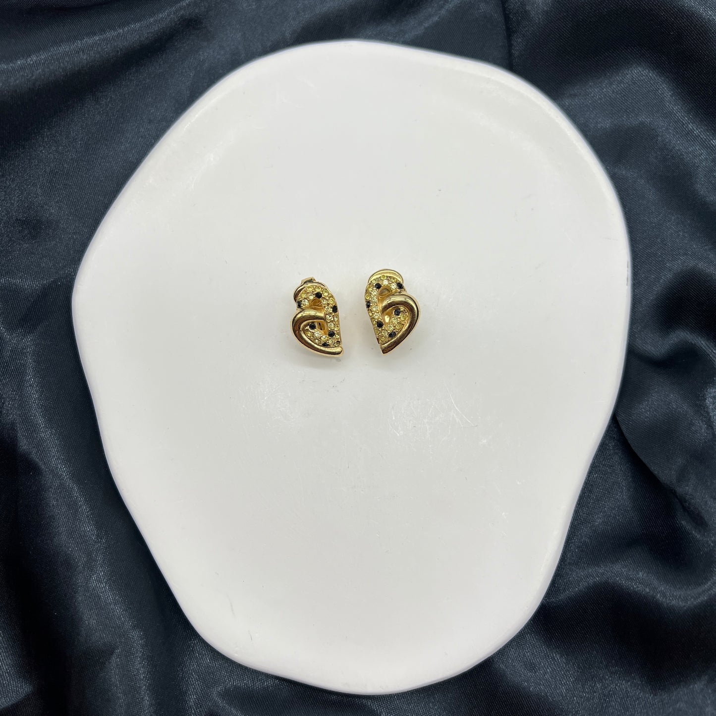 Christian Dior Vintage Heart Shape with Rhinestone Golden Clip-On Earrings