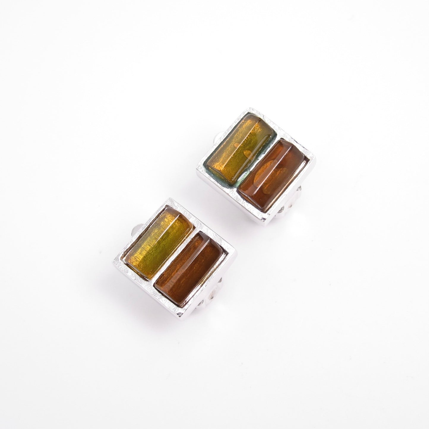 Givenchy Vintage Square Two Tone Color Stone Silver Clip-on Earrings