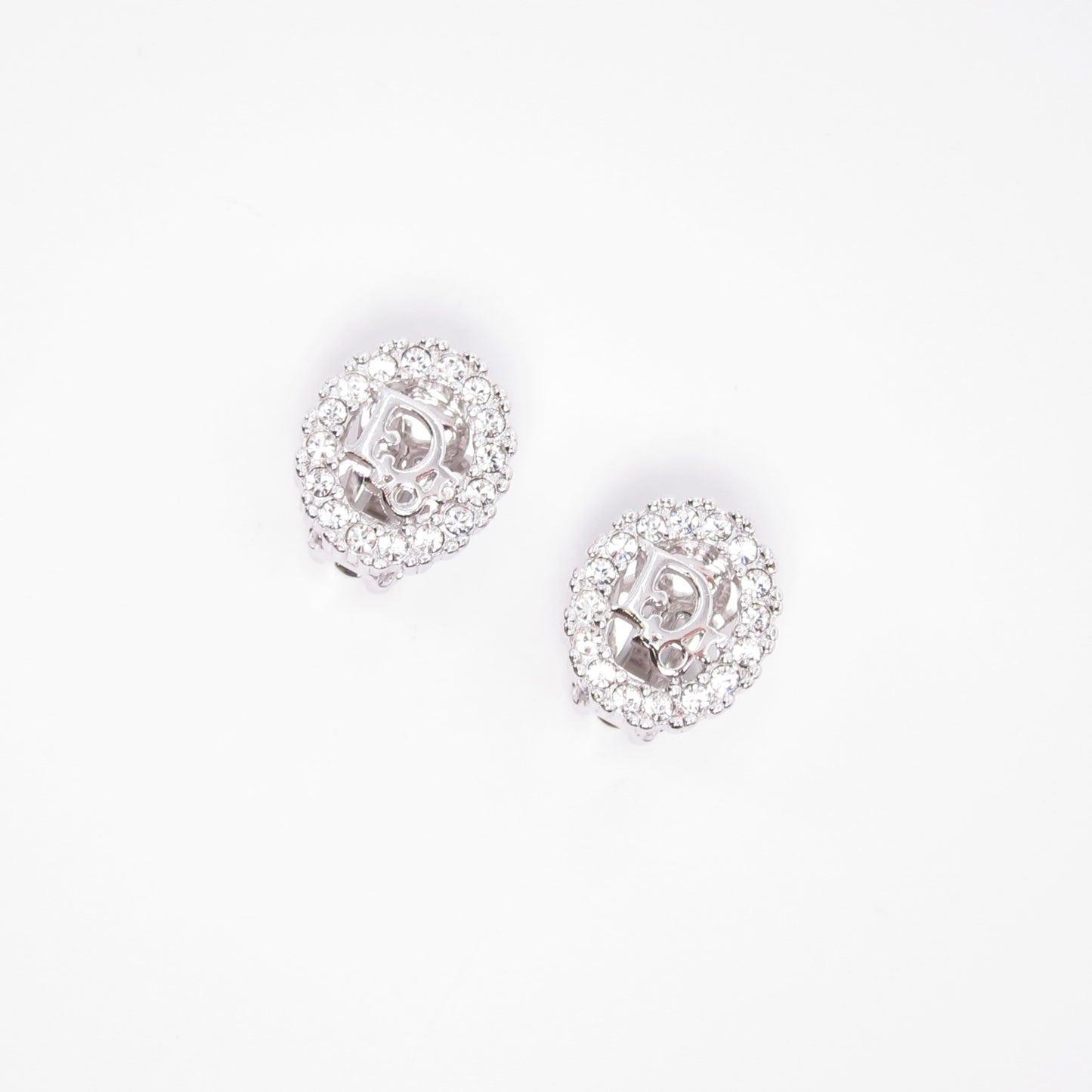 Christian Dior Vintage Dior Logo in Oval Shape with Rhinestone Silver Clip-on Earrings