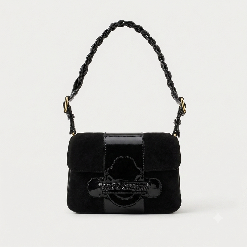 Valentino Garavani Vintage Black Suede Patent Leather Shoulder Bag