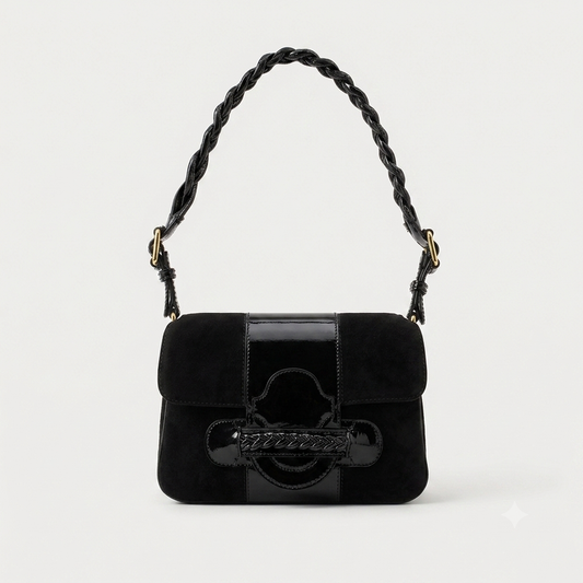 Valentino Garavani Vintage Black Suede Patent Leather Shoulder Bag