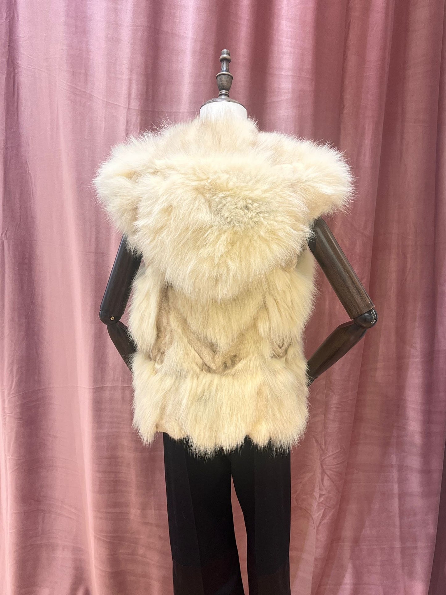 Vintage Cream Fox Fur Hooded Vest Sleeveless Coat