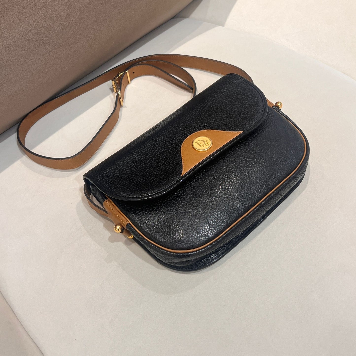 Christian Dior Vintage Black Grained Leather Logo Flap Shoulder Bag