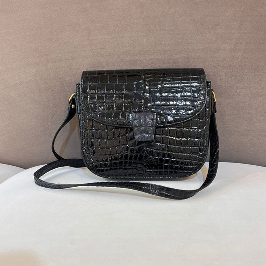 Yves Saint Laurent Vintage Crocodile-Embossed Black Shoulder Bag