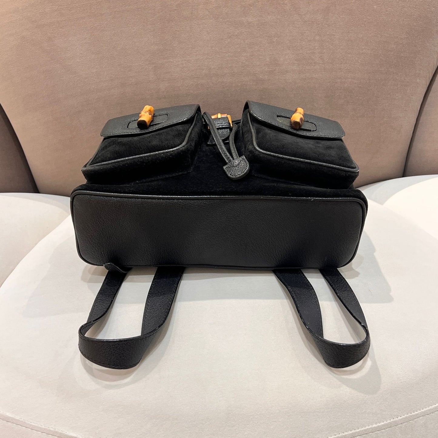 Gucci Vintage Black Suede Bamboo Backpack