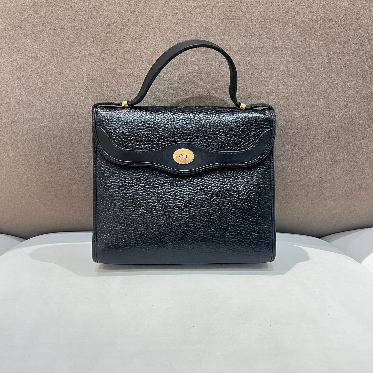 Christian Dior Vintage Black Grained Leather Top Handle Handbag With Oval Logo Clasp