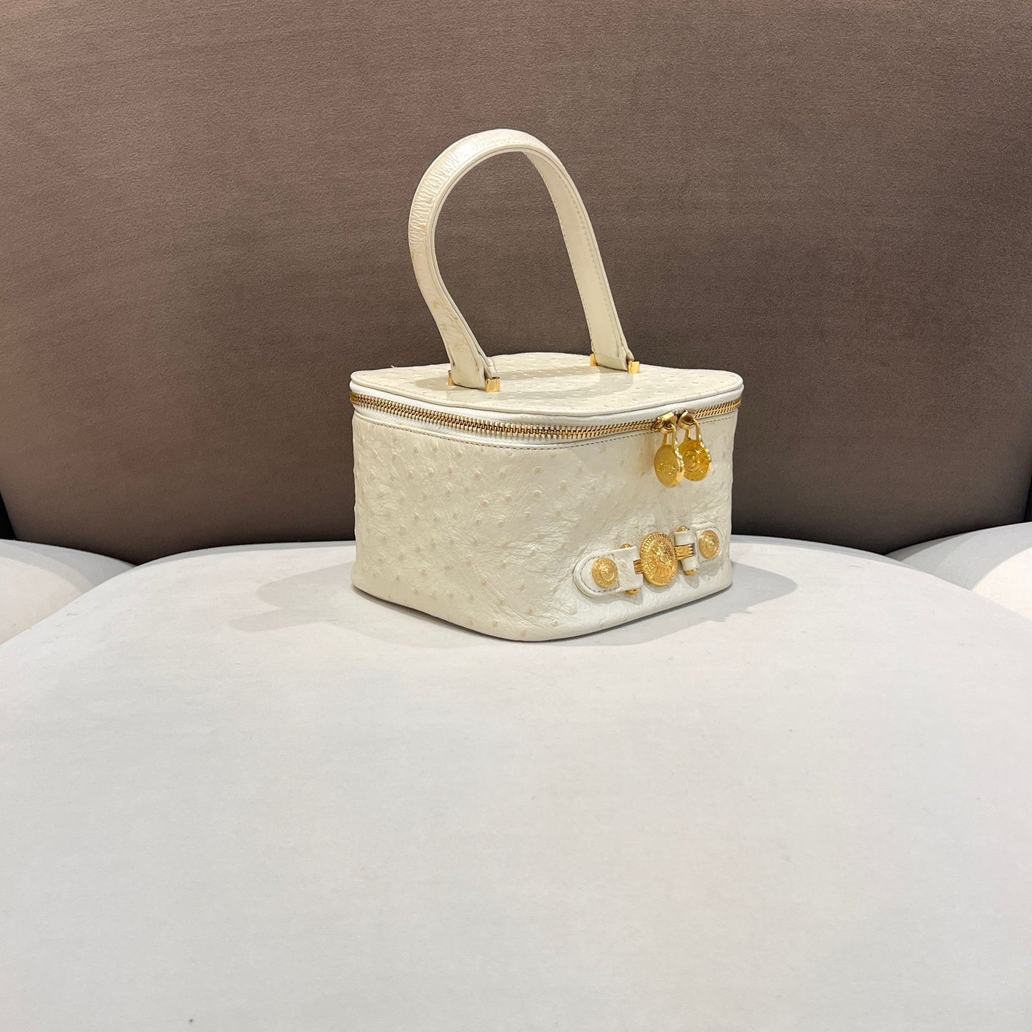 Versace Vintage Ivory Ostrich Leather Medusa Vanity Top Handle Bag