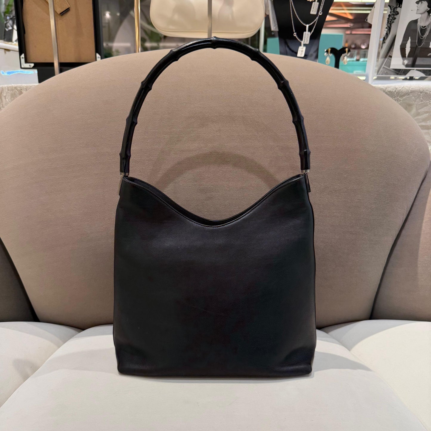 Gucci Vintage Bamboo Leather One Shoulder Bag Black