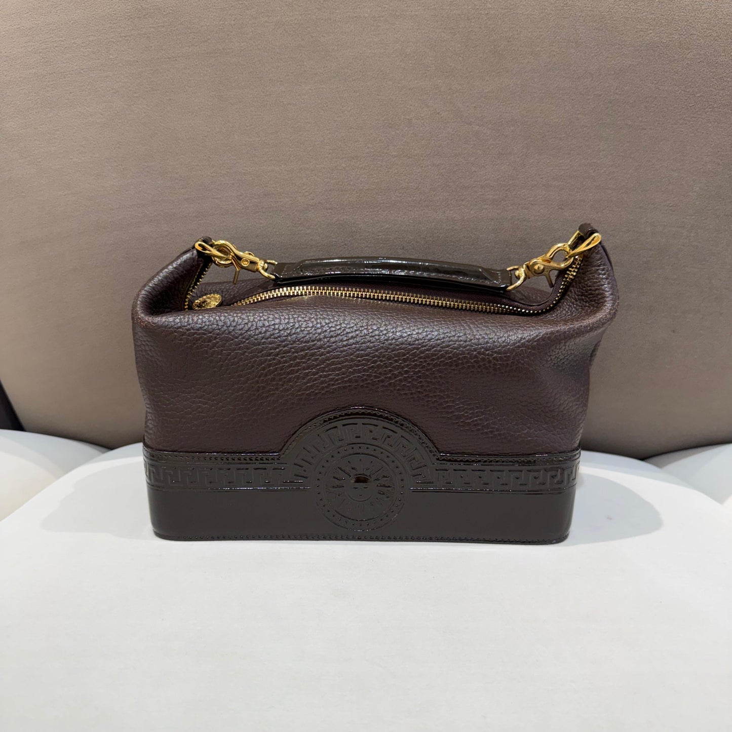 Versace Vintage Brown Grained Leather Medusa Sunburst Shoulder Bag