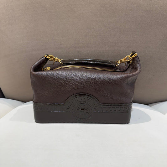 Versace Vintage Brown Grained Leather Medusa Sunburst Shoulder Bag