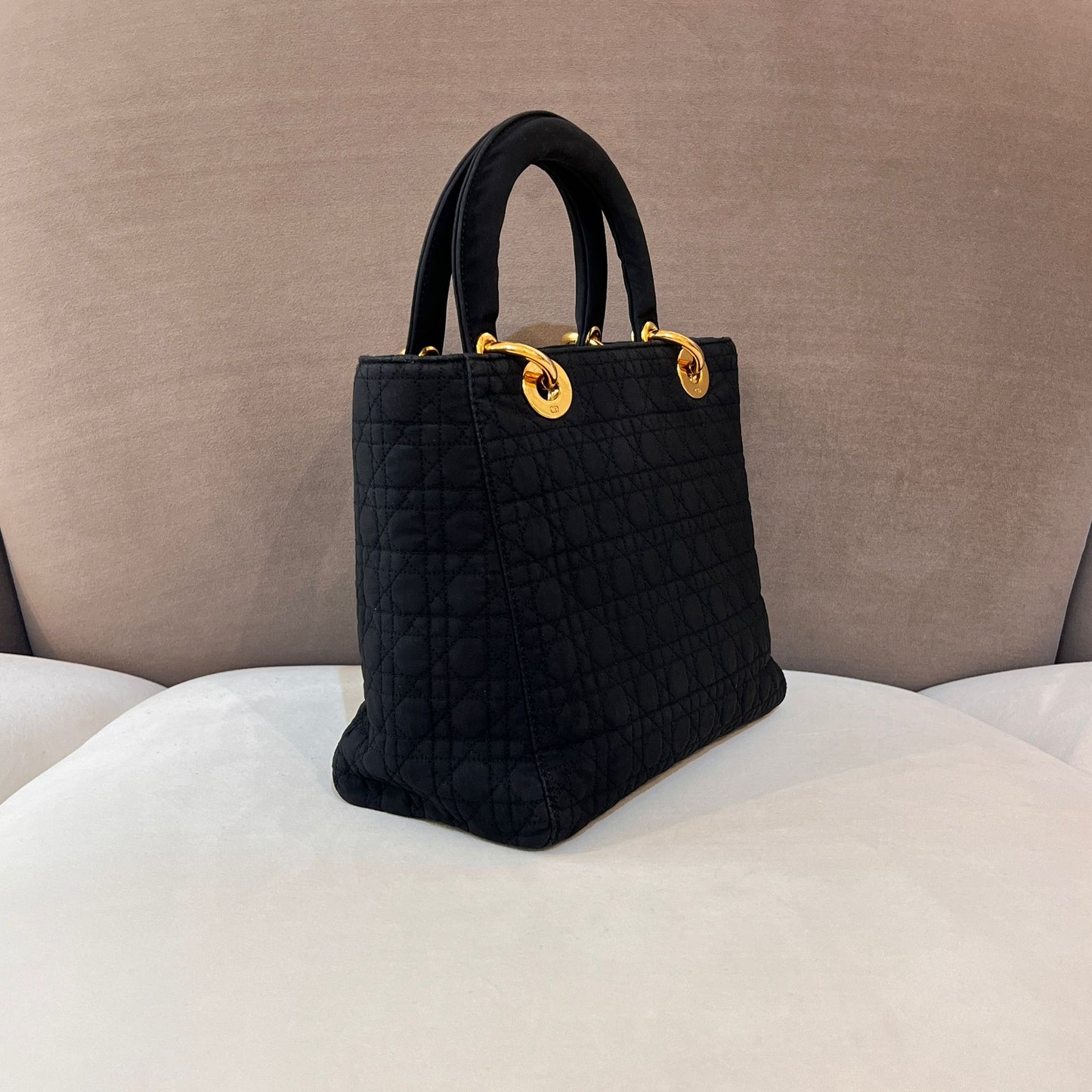 Christian Dior Vintage Lady Dior Cannage Nylon Black Handbag