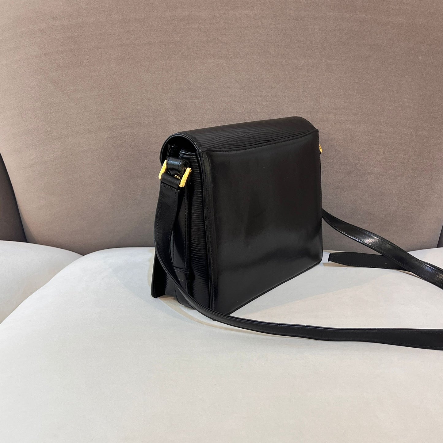 Valentino Garavani Vintage Black Epi Leather Gold Buckle Shoulder Bag