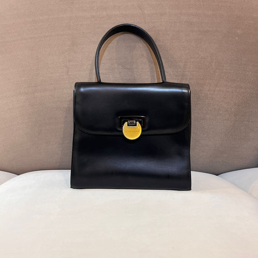 Givenchy Vintage Black Leather Logo Clasp Top Handle Bag