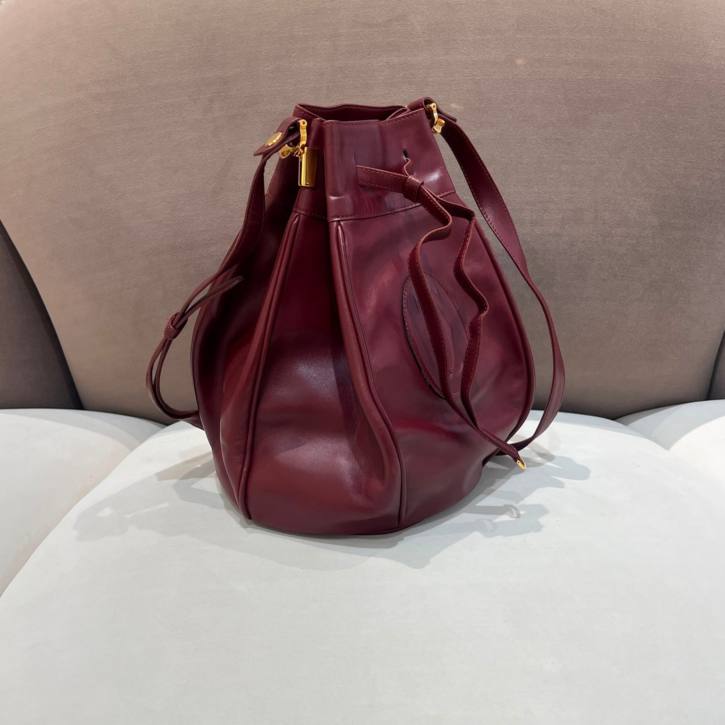 Cartier Vintage Must De Cartier Bordeaux Leather Drawstring Bucket Shoulder Bag