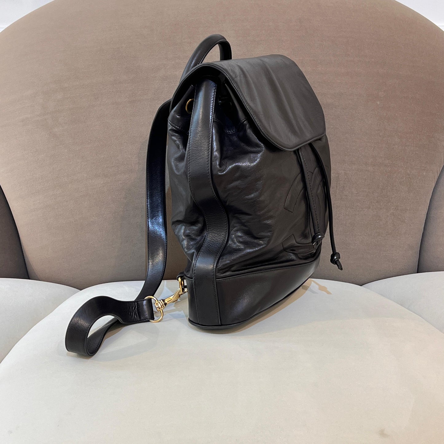 Chanel Vintage Coco Mark Black Lambskin Leather Backpack