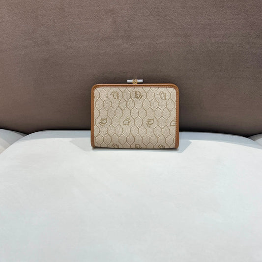 Christian Dior Vintage Beige Honeycomb Canvas Leather Trim Pouch