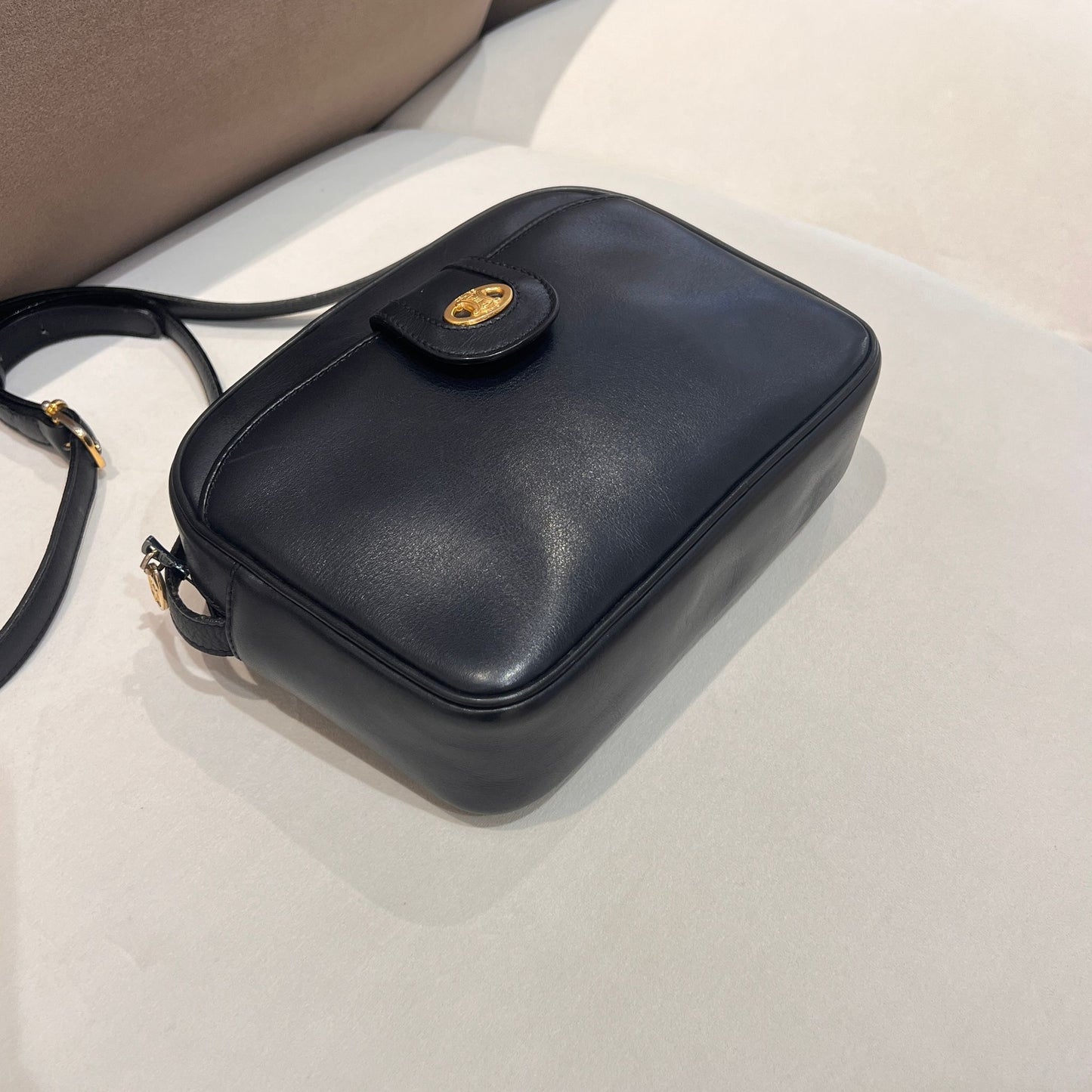 Celine Vintage Black Leather Oval Clasp Shoulder Bag