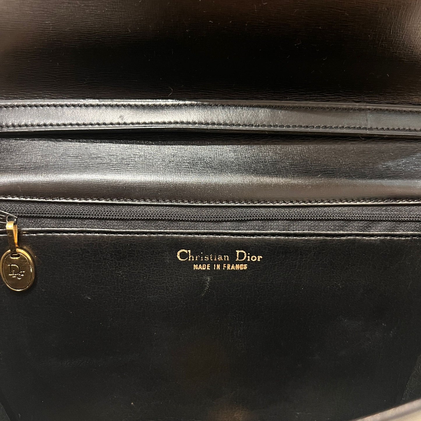 Christian Dior Vintage Black Leather Shoulder Bag With Round Logo Clasp