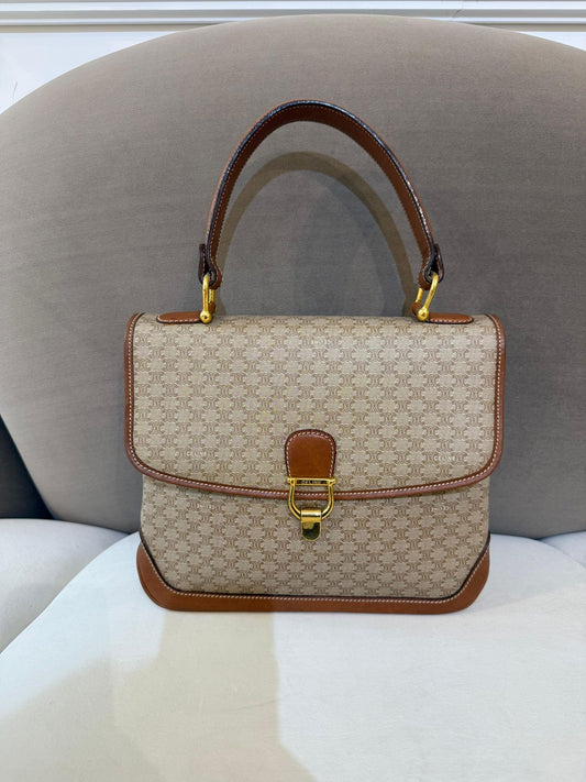 Celine Vintage Macadam Canvas Brown Leather Handbag